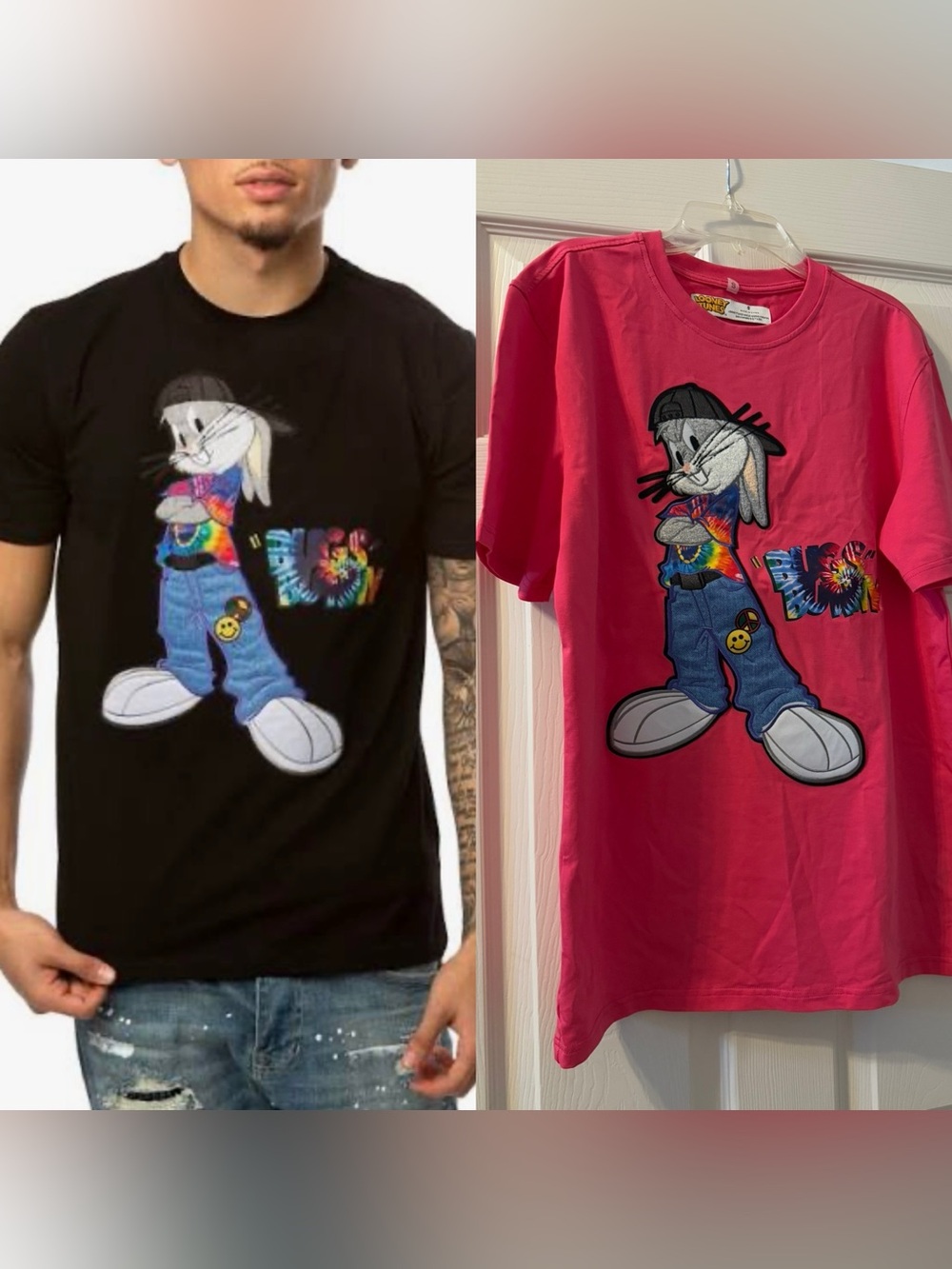 Looney Tunes Bugs Bunny 3D Appliqué Pink Tie Dye Hippie Shirt, Men’s S